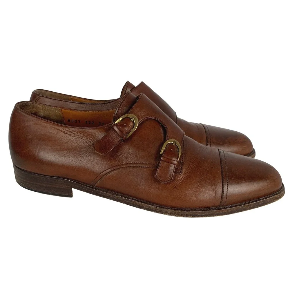 SALVATORE FERRAGAMO Leather Double Monk Strap Cap Toe Shoes 12 D Brown Italy